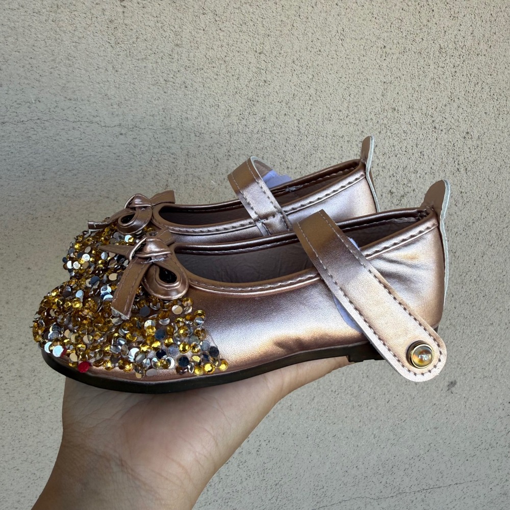 Shao Mary Jane Flats Kids Size 27 Rose Gold Sequin Bow Dress Shoes Sparkly Bling - Picture 5 of 7